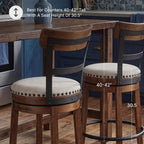 Signature Design by Ashley Valebeck Swivel Bar Stool with Back, 30 in | Wood & engineered wood, 360-degree swivel, Linen colored polyester, Rustic farmhouse style, 250 lb capacity
