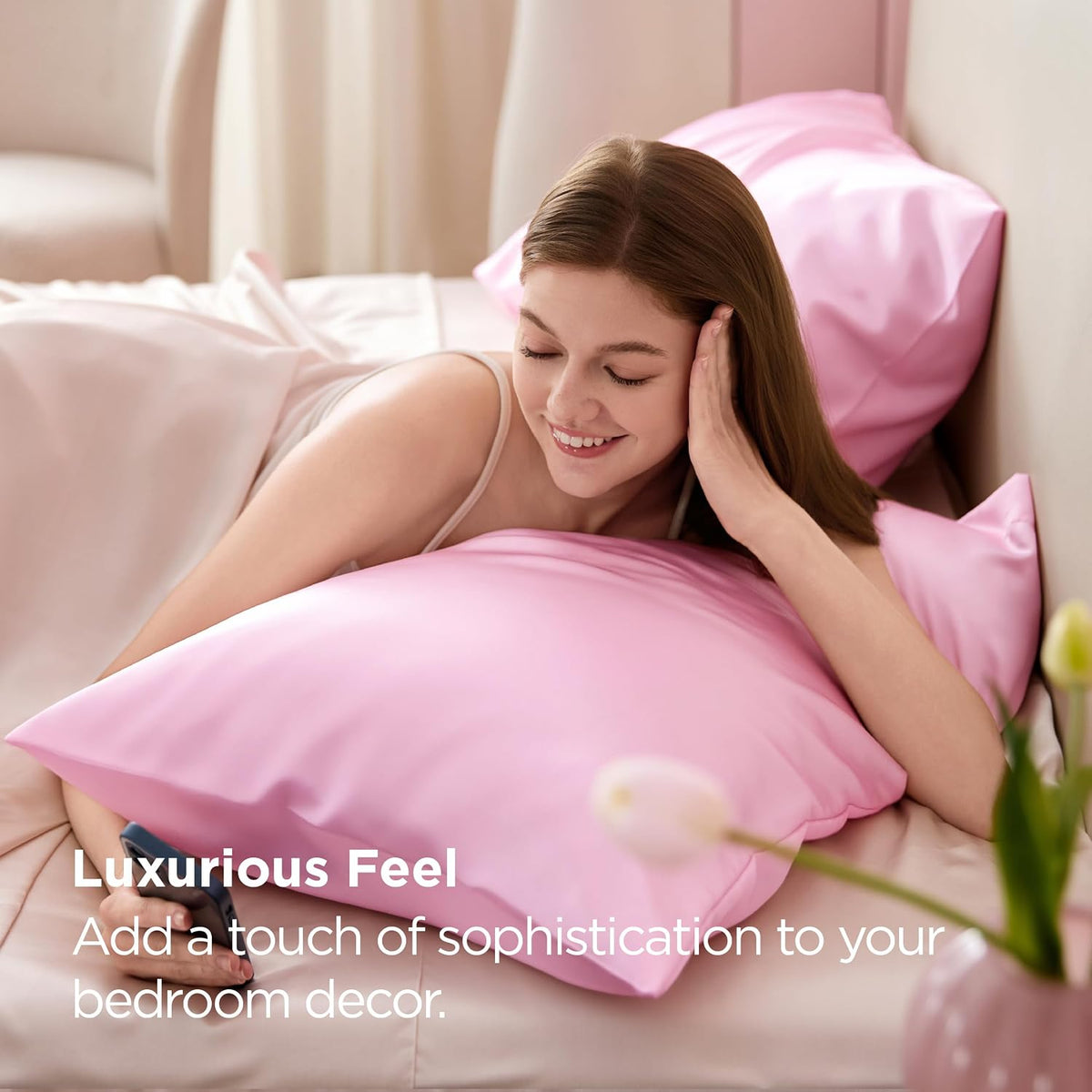 Bedsure Satin Pillowcases Queen Set of 2, Similar to Silk Pillow Cases Pink