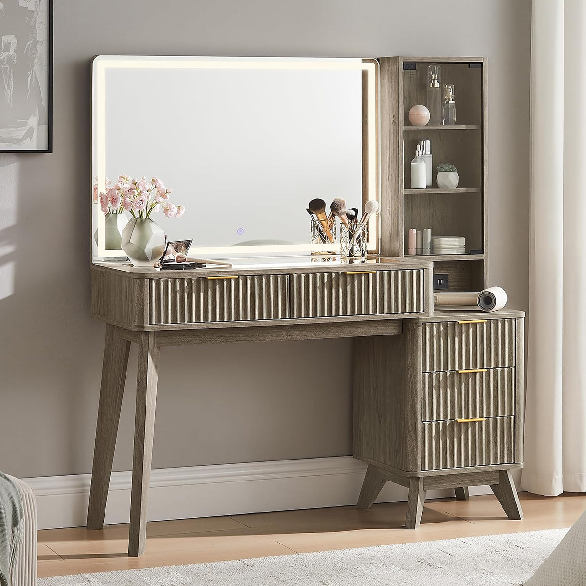 T4TREAM 48" Fluted Makeup Vanity Desk with 36" Lighted Mirror, Oak