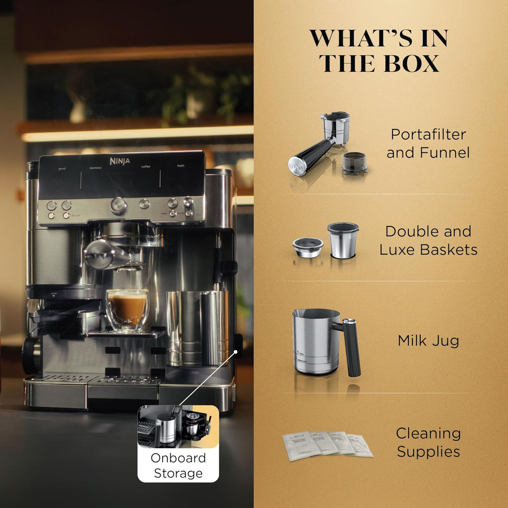 Ninja Luxe Café Premier 3-in-1 Espresso Machine, Drip Coffee, & Cold Brew | Built-in Grinder, Hands-Free Milk Frother, and Assisted Tamper for Cappuccinos & Lattes, Stainless Steel, ES601