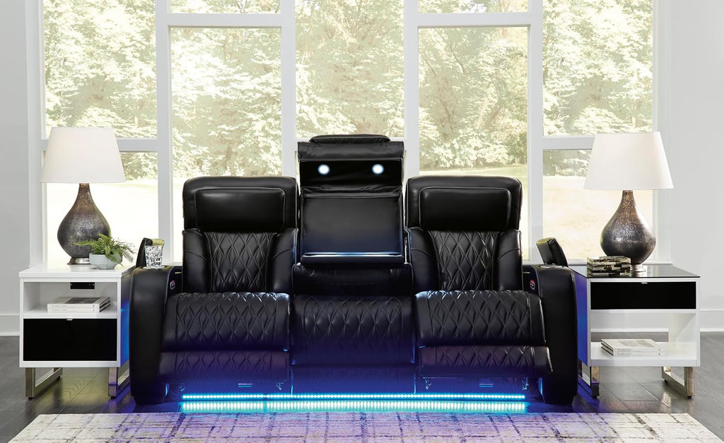 Signature Design by Ashley 3-Seater Leather Power Reclining Sofa, Black | 3-seater power headrest sofa with zero-gravity massage and heat, Drop-down table and arm storage, Boyington Series