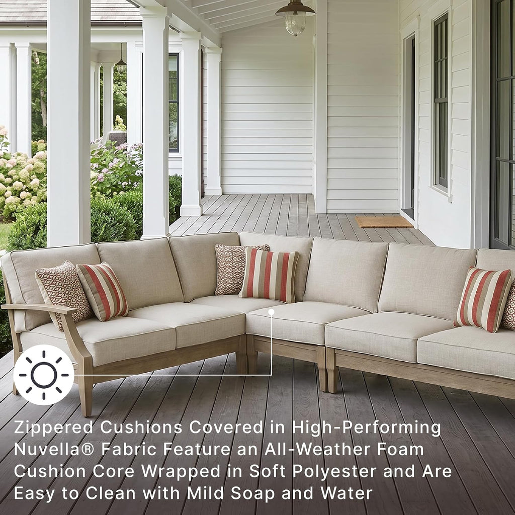 Signature Design by Ashley 4-Piece L-Shape Outdoor Sectional, Wood, Beige | Wood patio furniture set, Eucalyptus frame, Solution-dyed Nuvella fabric, All-weather foam cushions, Clare View Series