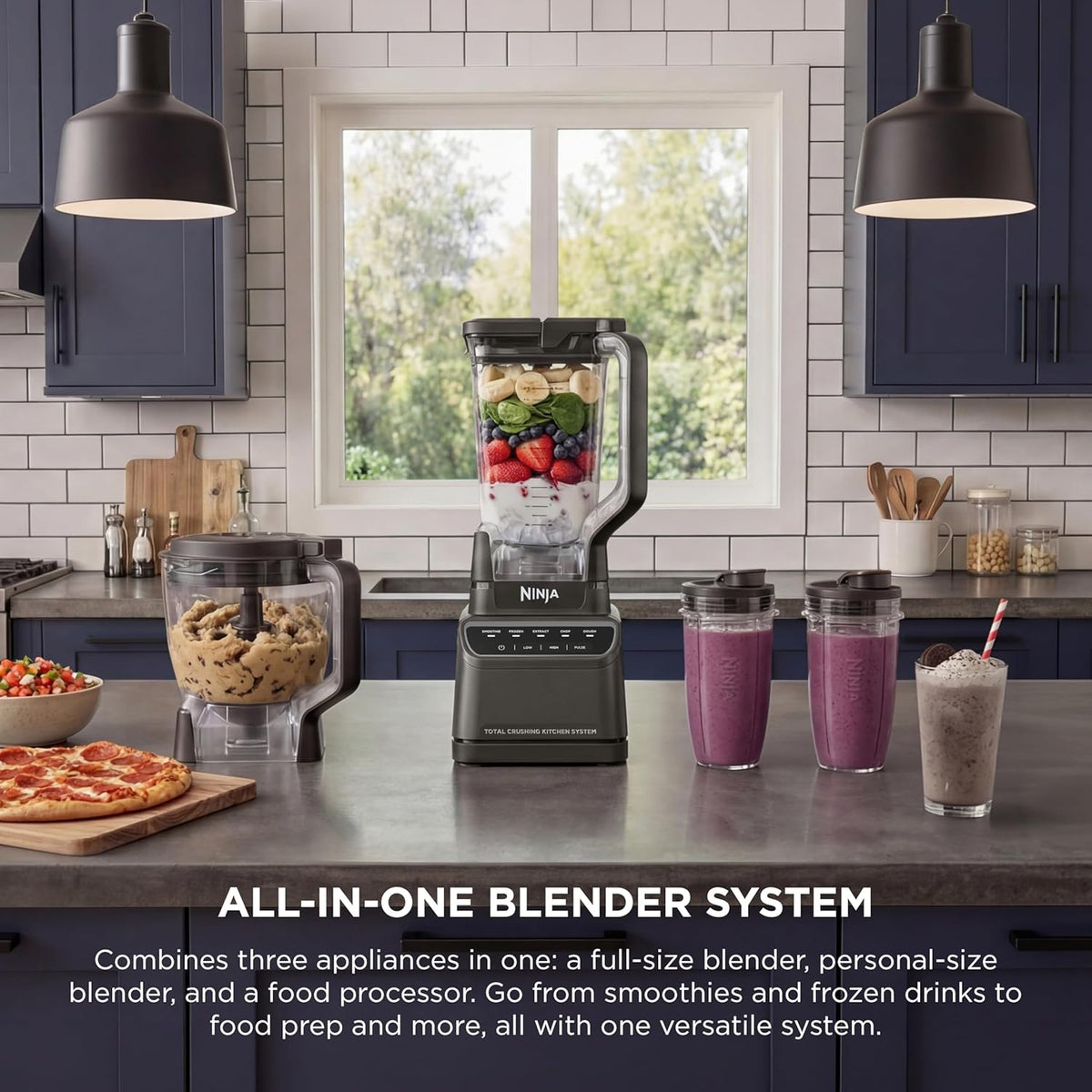 Ninja Kitchen System All-in-One, 72oz Pitcher, 8-Cup, 1200W, Grey, BR601AMZ | Blends smoothies & frozen drinks, processes salsa & dough. 72-oz pitcher, 8-cup processor bowl, (2) 18-oz cups.