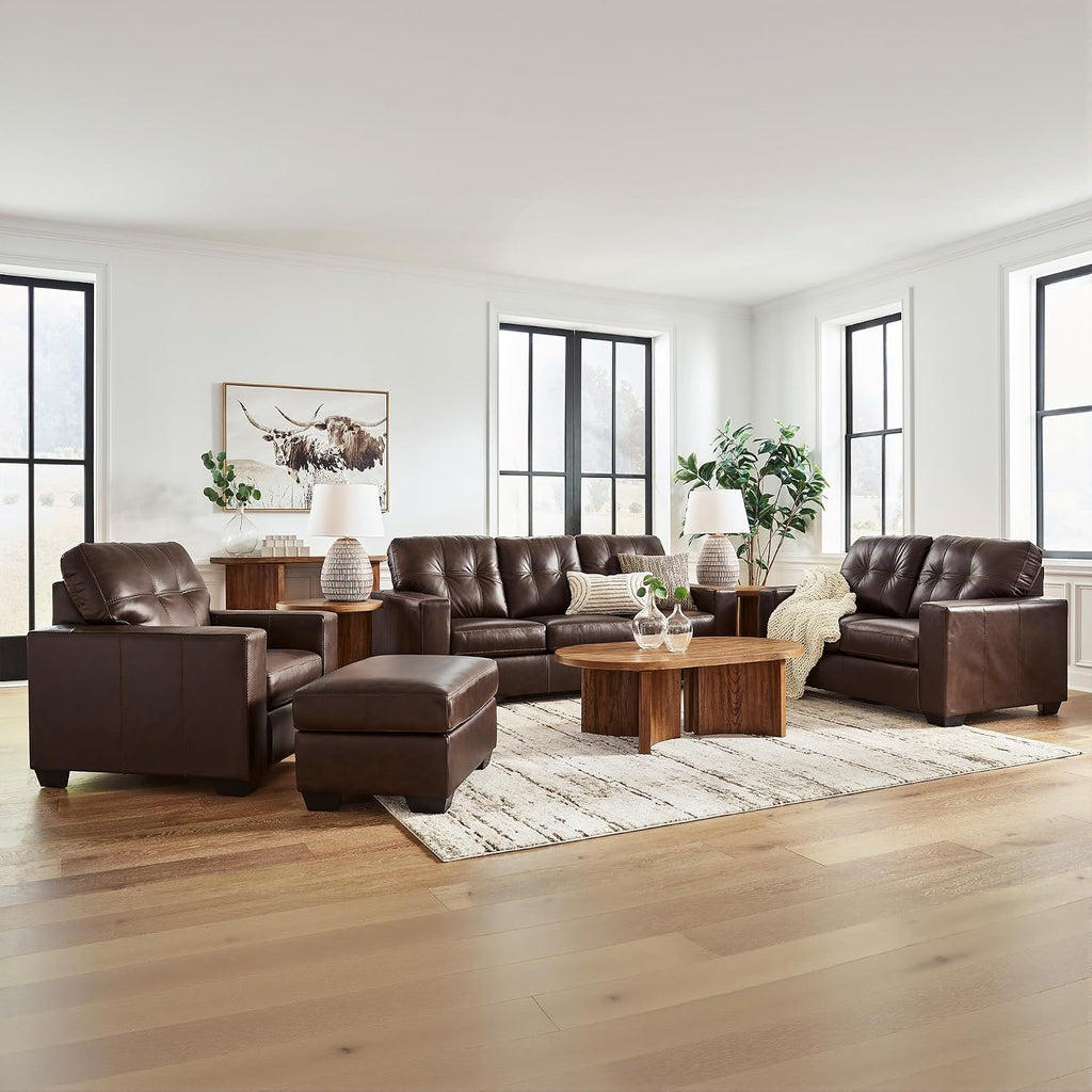 Signature Design by Ashley Santorine Contemporary Leather and Faux Leather Rectangular Ottoman, Top Grain Cushion, Rectangular Footrest and Coffee Table for Living Room, 34" W, Dark Brown