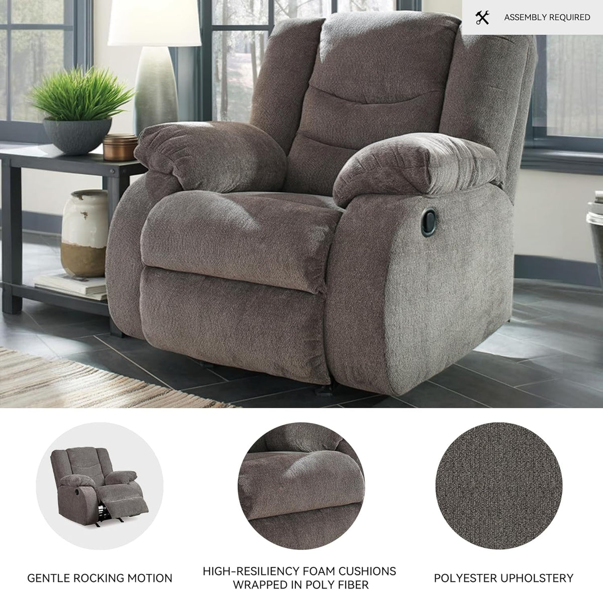 Signature Design by Ashley Manual Rocker Recliner Chair, Gray, Tulen