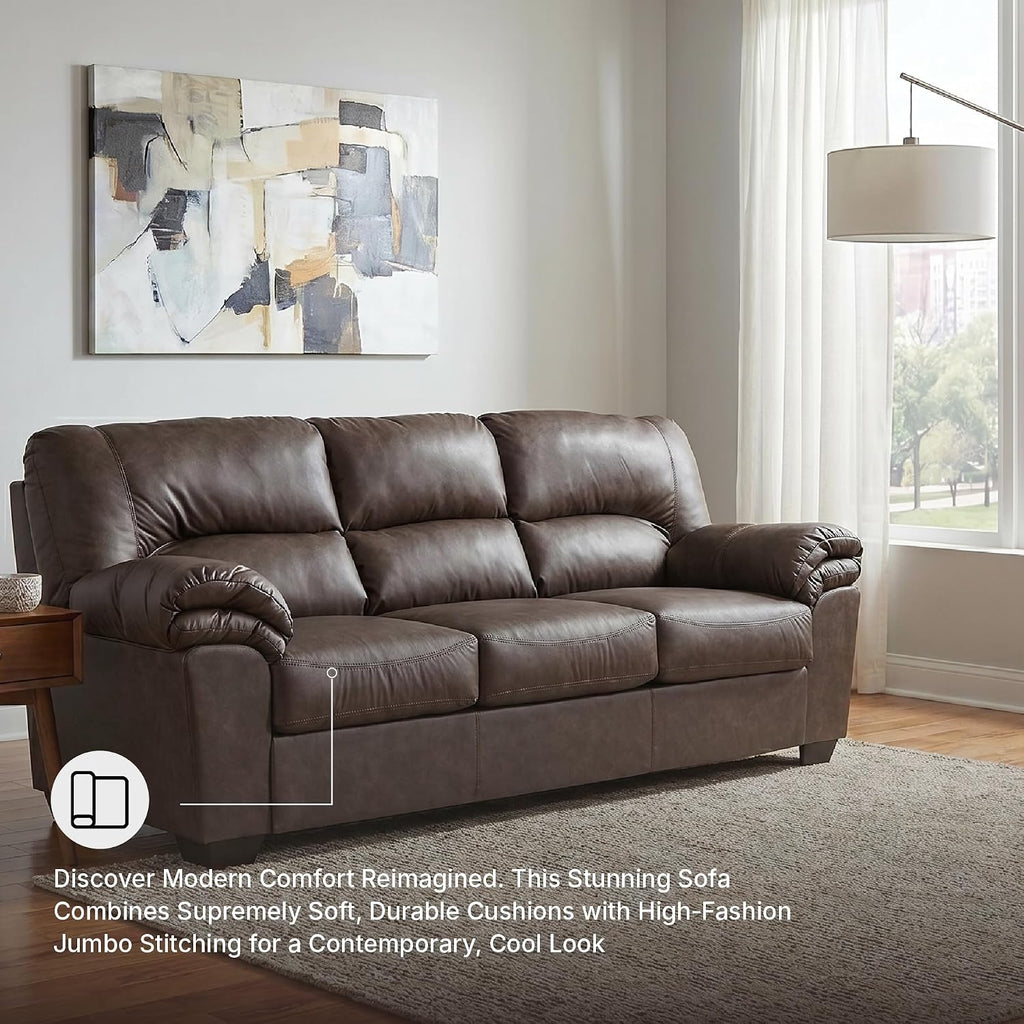Signature Design by Ashley Faux Leather Living Room Sofa, Umber | 87"W contemporary 3-seater, Anti-sag platform foundation, Easy-clean upholstery fits 32" doorways, WalkerPoint Series