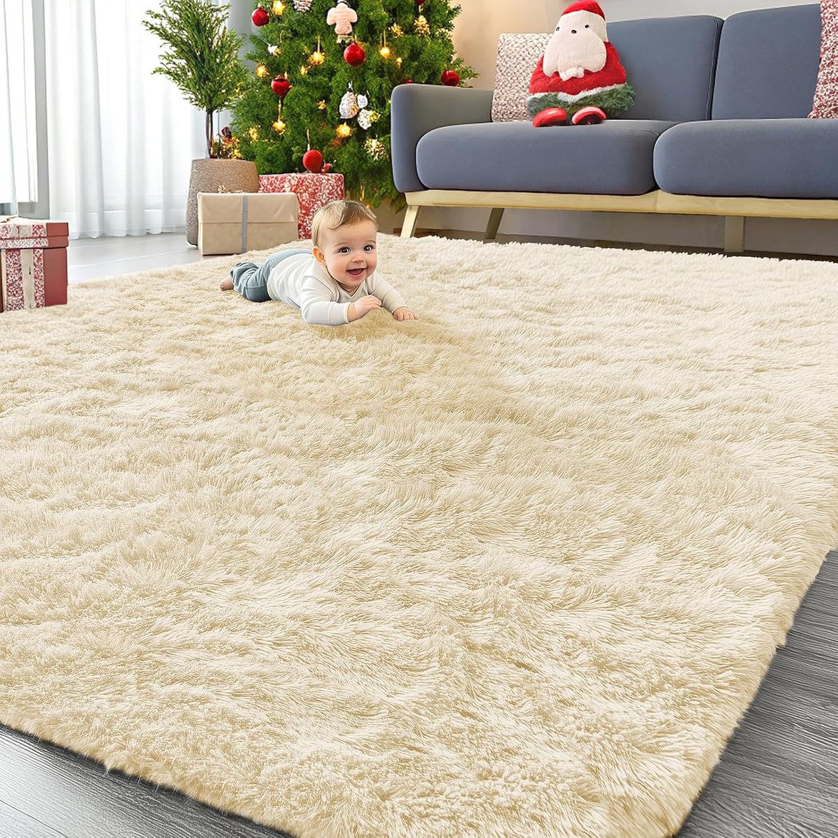 OLANLY Beige Round Rugs for Bedroom - Machine Washable, 4 ft Circle Area Rugs for Living Room, Soft and Fluffy Shaggy Carpet for Teen Girls and Boys, Nursery Rooms, Dorms, Home Decor Aesthetic