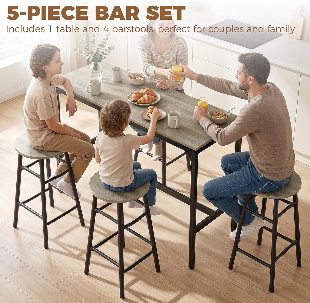 HOMCOM 5 Piece Bar Table Set w/ 4 Stools for Small Space, Grey Wood Effect