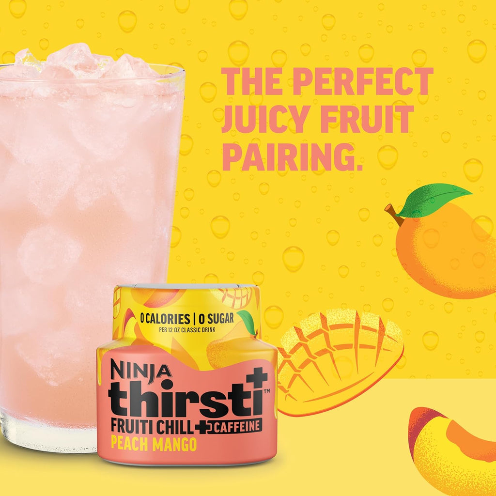 Ninja Thirsti Flavored Water Drops, Fruiti Chill+ Peach Mango with Caffeine | Zero Calories, Zero Sugar, 3 Pack, Compatible with Ninja Thirsti Drink Systems - WC1000, WC2000 & WC3000 Series, WCFPCMGAM