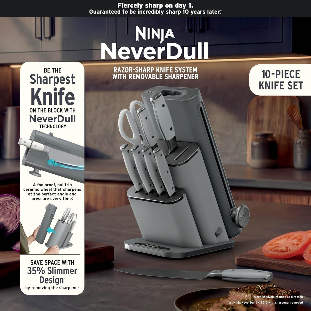 Ninja® NeverDull® 10-Pc German Steel Knife Set, Light Grey, NK32010GY1 | Stays razor-sharp 10+ years. Premium German steel. Removable sharpener stores in a drawer saving up to 35% more counter space