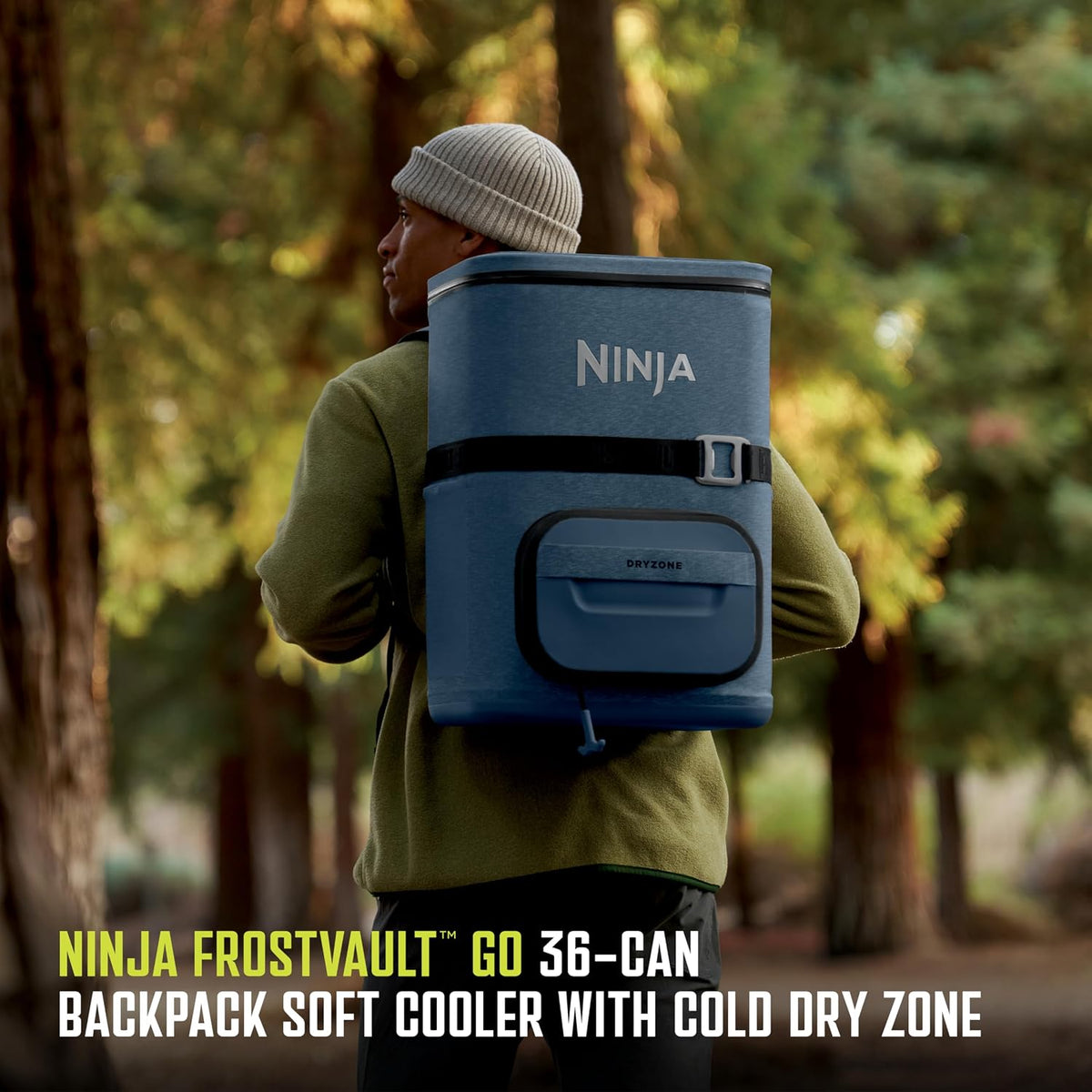 Ninja FrostVault™ Go XL Soft Backpack Cooler, Dry Storage, Lakeshore Blue | Ninja FrostVault Go XL soft cooler, stays cool for hours with a leakproof, easy-access lid, and carries like a backpack