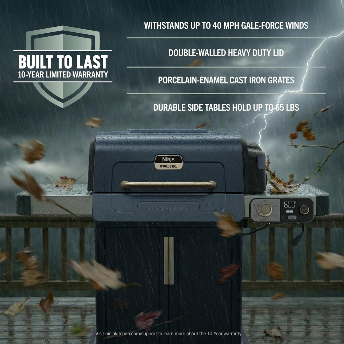 Ninja FlexFlame Grill & Smoker, Electric & Propane, 5-in-1, Blue, PG301BL | Ninja FlexFlame is a 5-in-1 grill, smoker & griddle with precise 200-600°F control, fitting 3 chickens or 4 rib racks