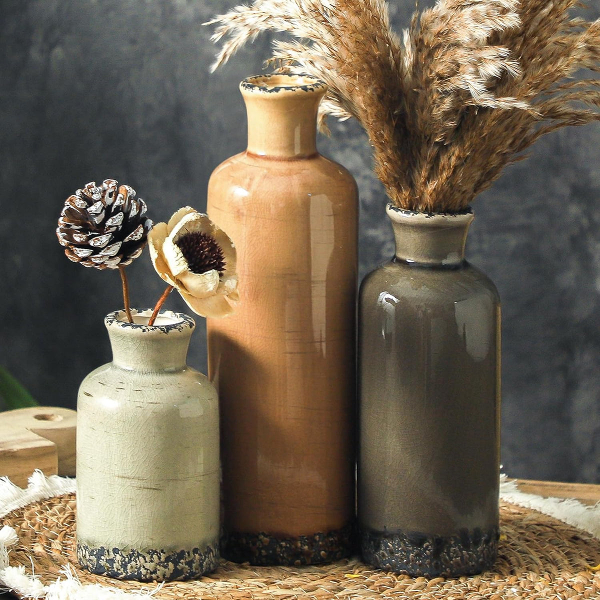 Ceramic Vases Set of 3, Whitewashed Neutral Flower Vases Home Decor, Pottery Rustic Farmhouse Decorative Vases Modern Decor for Table Mantel Entryway Bookshelf Living Room Kitchen Bedroom