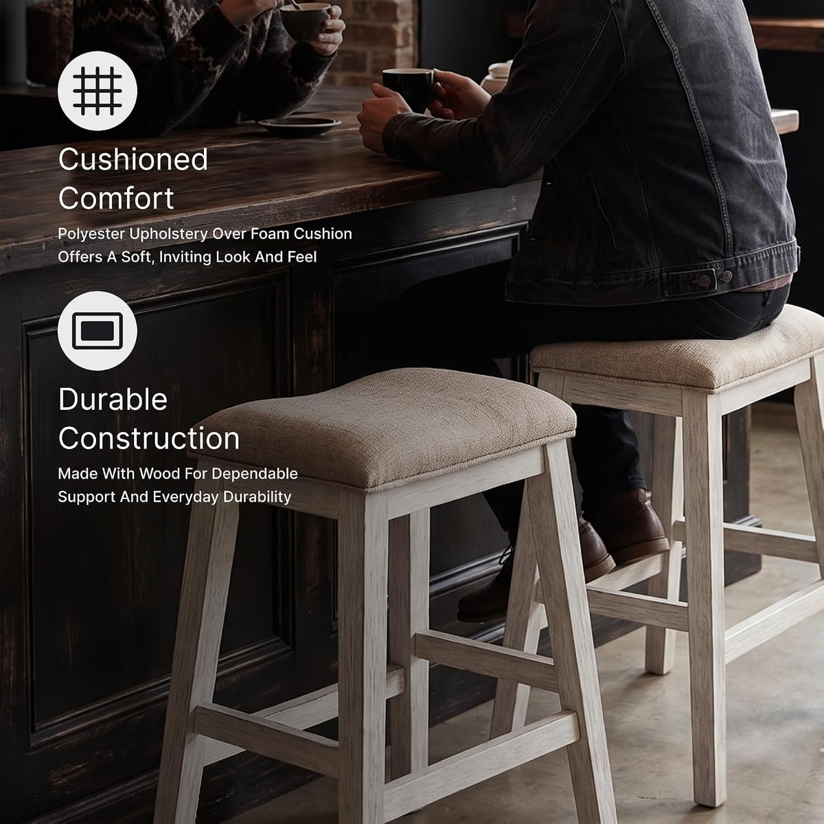Signature Design by Ashley Skempton Counter Height Bar Stool, Set of 2 | Space-saving 24-inch farmhouse design, Supportive 18.5-inch foam-cushioned saddle seat, Distressed wood frame with footrest