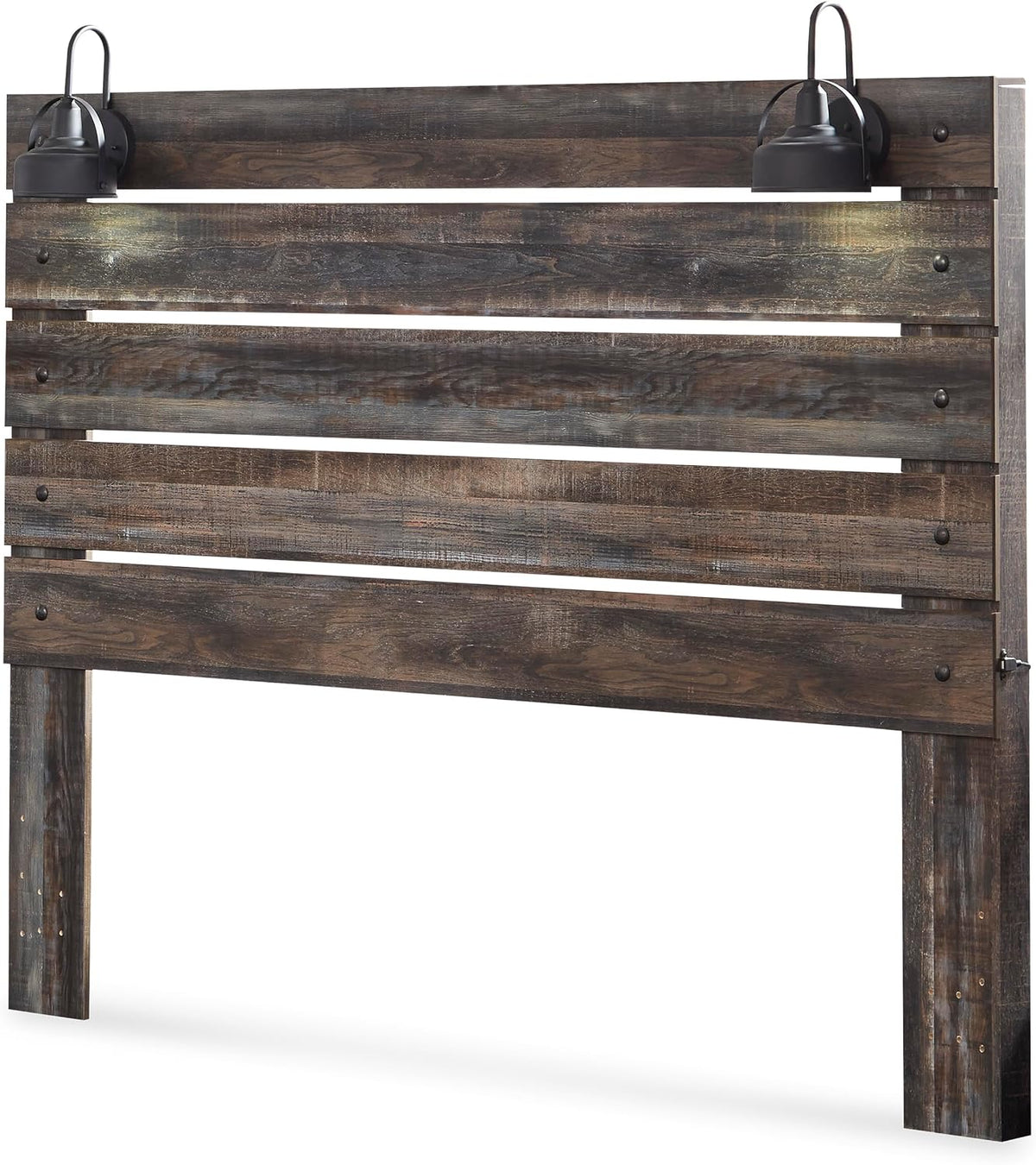 Signature Design by Ashley Drystan Rustic King Size Bed Frame with LED | Rustic brown and gray replicated wood grain with teal accents, Durable engineered wood, Adjustable base compatible