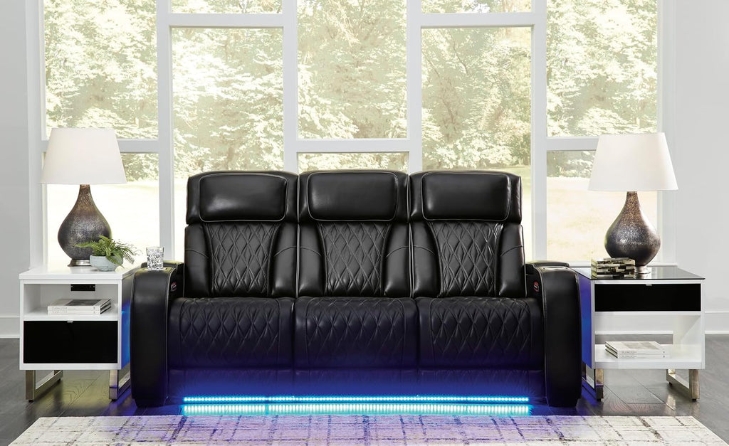 Signature Design by Ashley 3-Seater Leather Power Reclining Sofa, Black | 3-seater power headrest sofa with zero-gravity massage and heat, Drop-down table and arm storage, Boyington Series