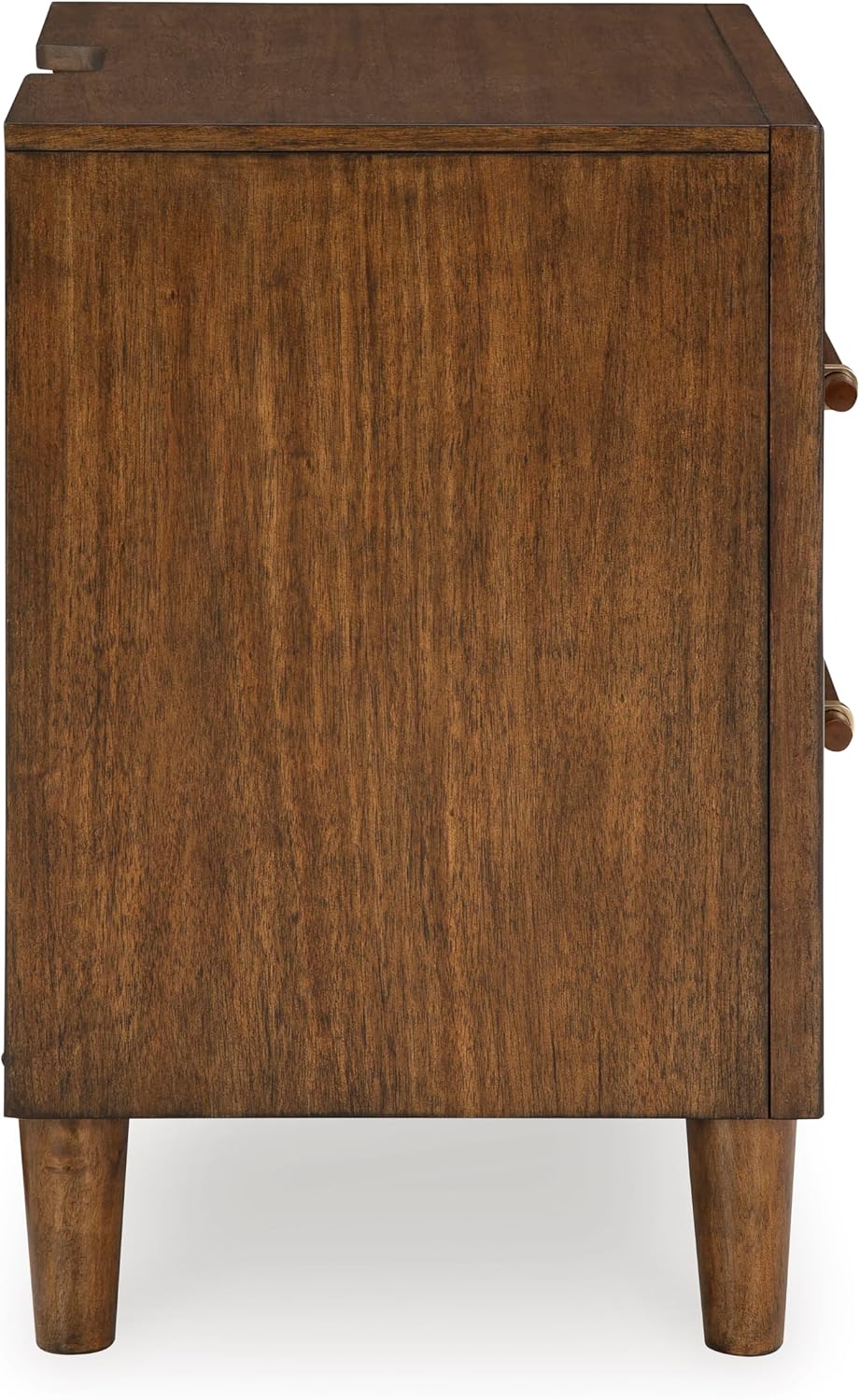Signature Design by Ashley Lyncott Wood Nightstand with Charging Station | Mid-century mango wood veneer, 2 dovetail drawers, Built-in USB-A and USB-C charging, Round tapered legs