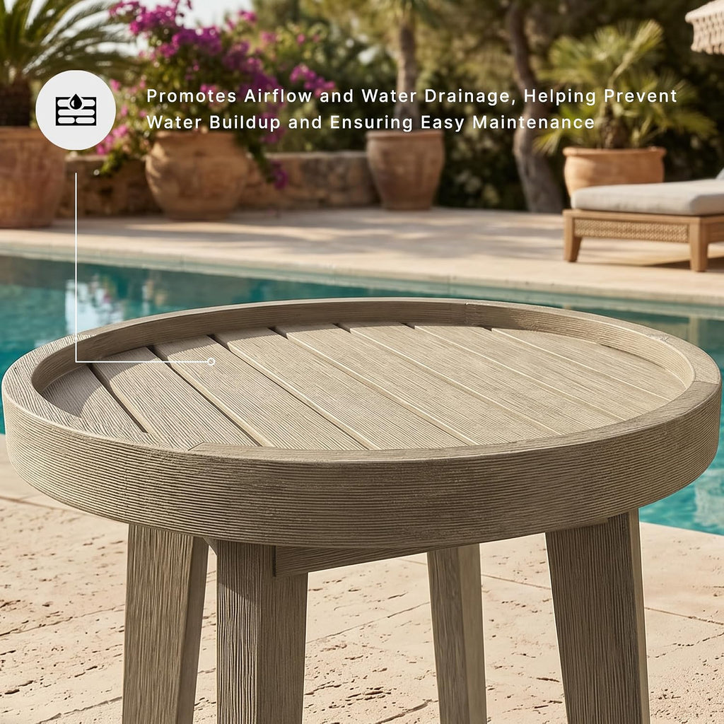 Signature Design by Ashley Coastal Reef Round Outdoor End Table, Beige | Weather-resistant eucalyptus wood, Slatted tabletop for quick water drainage, 19-inch round accent table