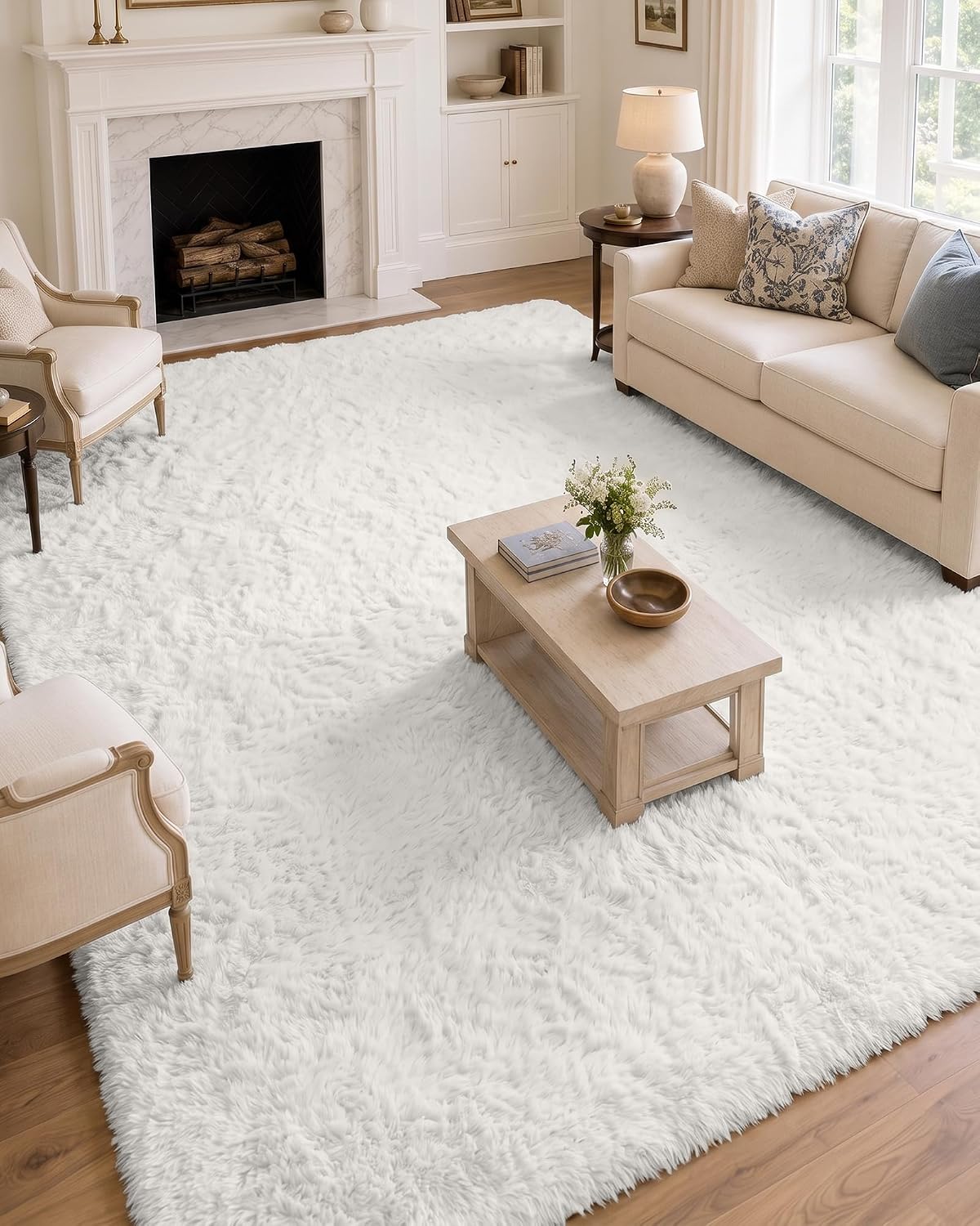 OLANLY Beige Round Rugs for Bedroom - Machine Washable, 4 ft Circle Area Rugs for Living Room, Soft and Fluffy Shaggy Carpet for Teen Girls and Boys, Nursery Rooms, Dorms, Home Decor Aesthetic