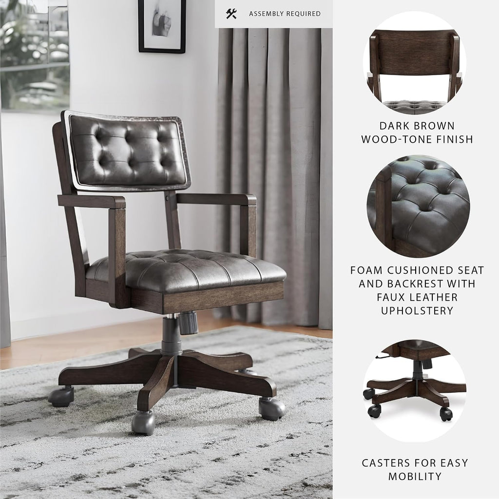 Signature Design by Ashley Wood Executive Desk Chair, Brown | Solid wood frame with a combination of leather and faux leather, Classic style for home workspaces, Breckington Series