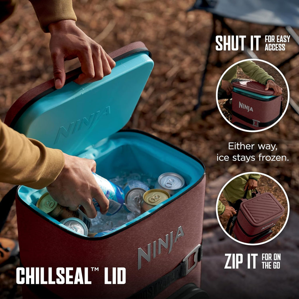 Ninja FrostVault™ Go XL Soft Backpack Cooler, Dry Storage, Canyon Red | Ninja FrostVault Go XL soft cooler, stays cool for hours with a leakproof, easy-access lid, and carries like a backpack