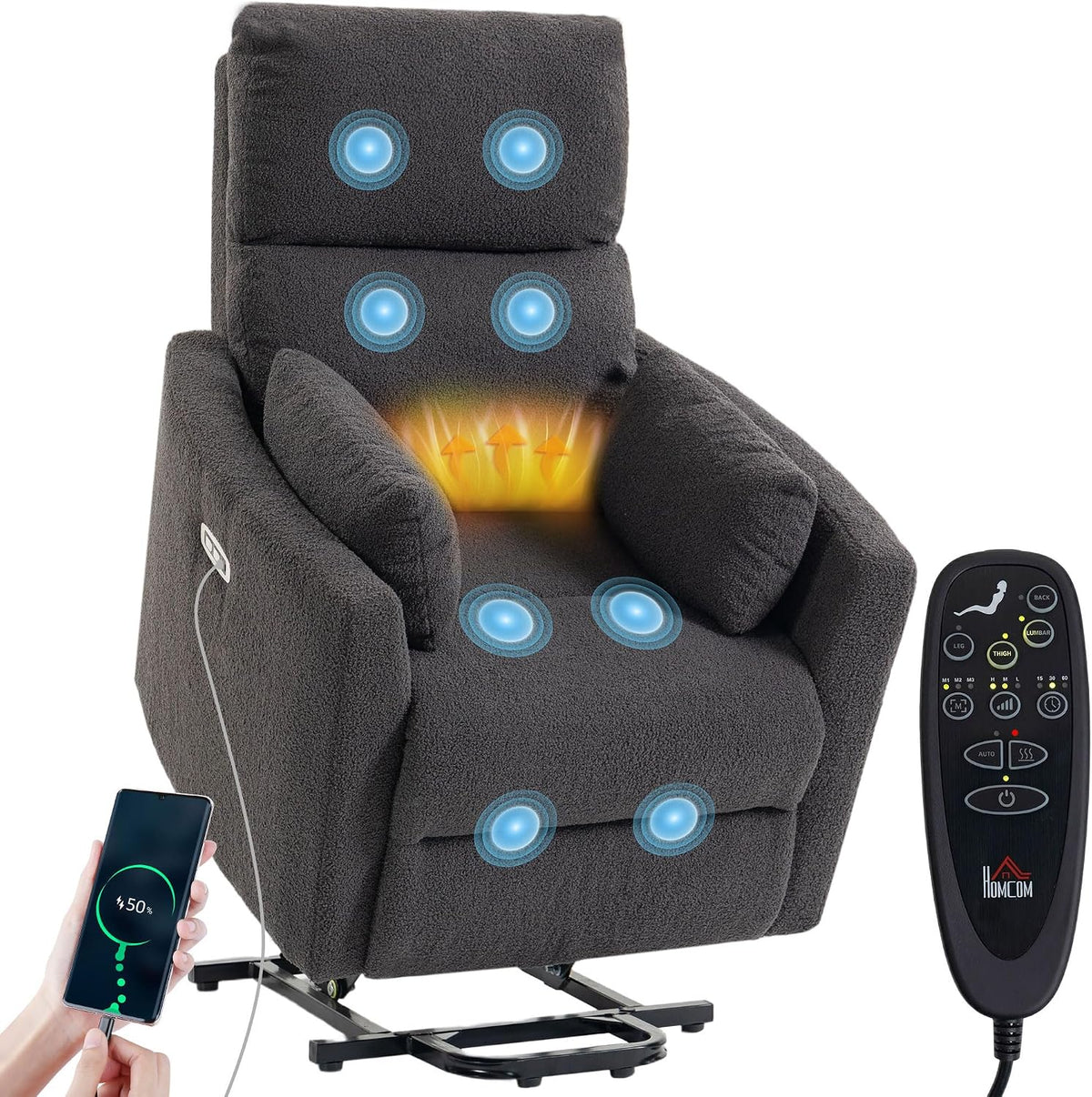 HOMCOM Riser Recliner Chair with Vibration Massage and Heat, Dark Grey