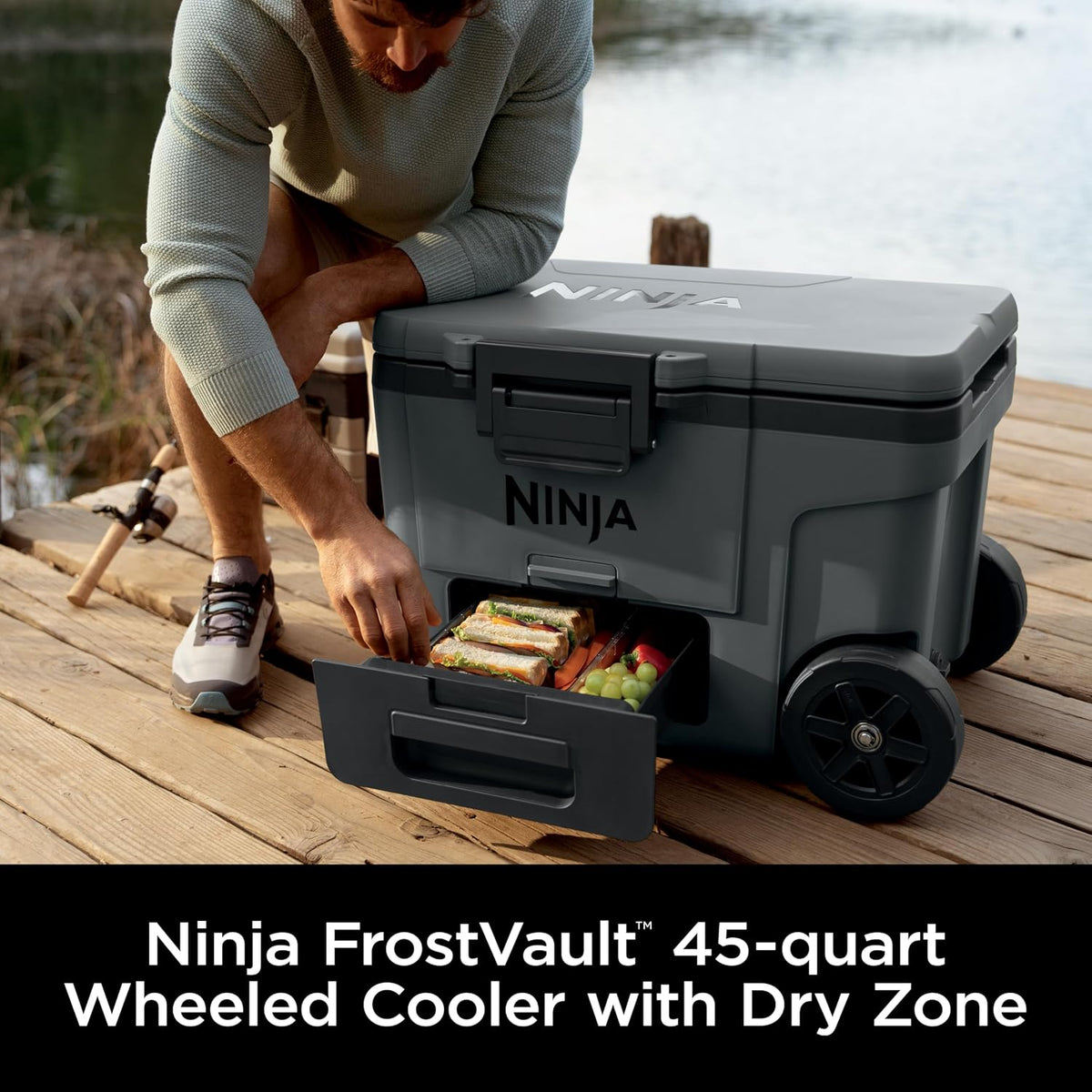 Ninja FrostVault™ 45qt Cooler with Wheels, Dry Storage, Charcoal Gray | Ninja FrostVault's 45-qt capacity holds 68 cans, keeps food cool & dry, and rolls easily on all-terrain wheels