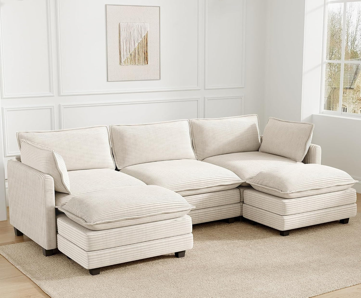 ROWHY 112'' Sectional Modular Cloud Couch, Oversized 5 Seat Couches U Shaped Sofa with 2 Movable Ottomans, 2 Throw Pillows, Upholstered Corduroy U Shape Comfy Deep Couches for Living Room, Beige