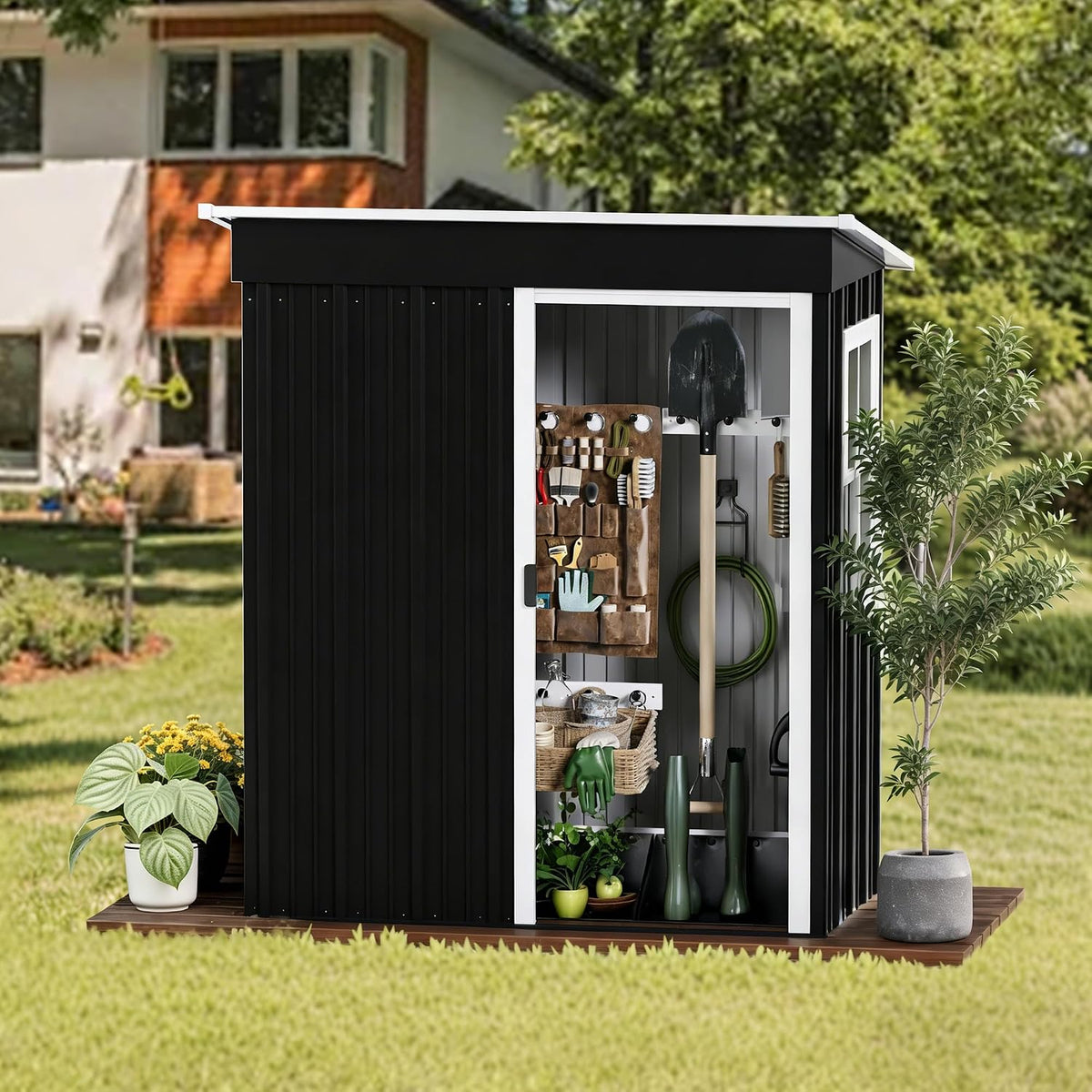 5x3 FT Metal Shed Garden Storage, Garden Shed, Waterproof Galvanized Steel with Window, Outdoor Lean-to Shed with Sliding Door,Lock and Gloves for Patio, Garden, Backyard, Bike, Garbage,Bin (Black)