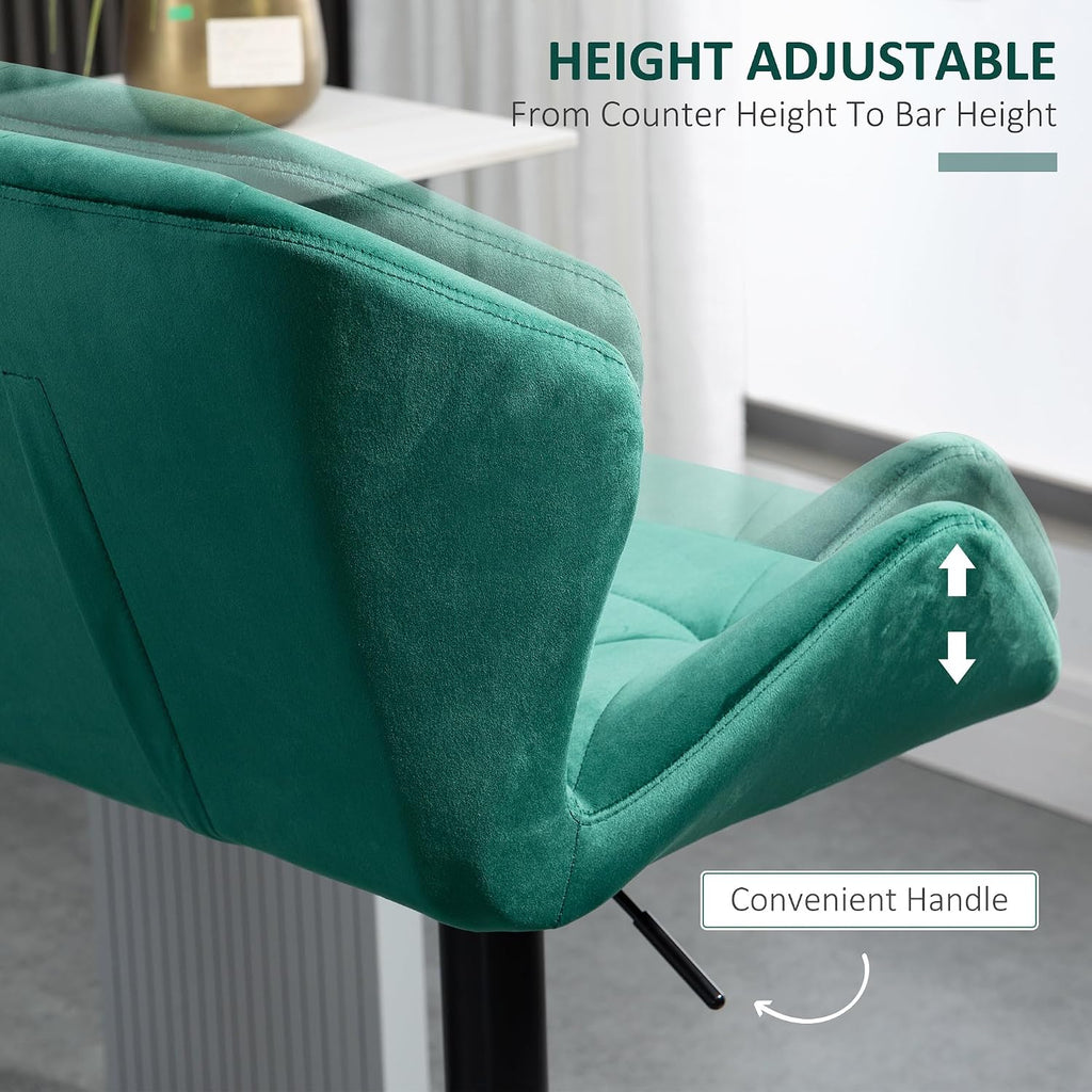 HOMCOM Bar Stools Luxurious Velvet-Touch Footrest Swivel Set Of 2 Green