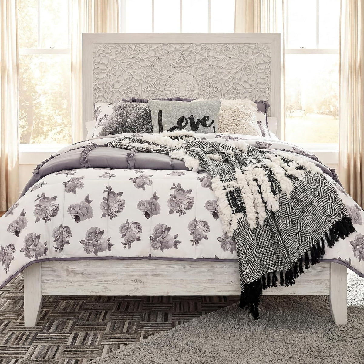 Signature Design by Ashley Panel Bed Frame, White Full Size, Paxberry | Boho carved floral medallion, Adjustable height headboard, Durable engineered wood, Standard full size mattress fit