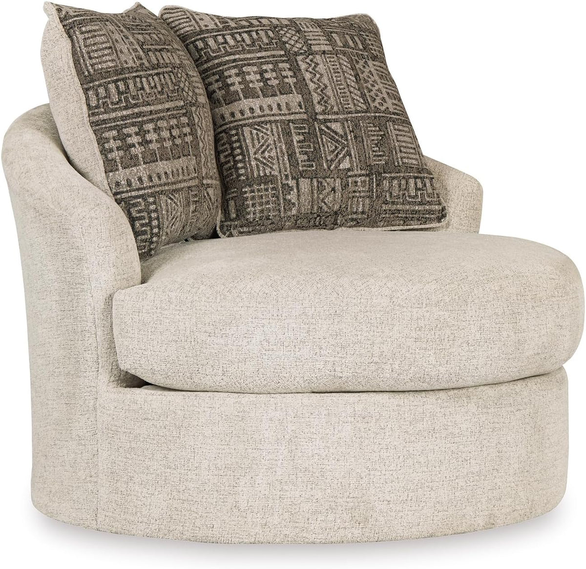 Signature Design by Ashley Soletren Oversized Swivel Accent Chair, Stone | Cozy 100% polyester chenille, Smooth 360-degree swivel base, Includes 2 geometric throw pillows