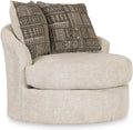 Signature Design by Ashley Soletren Oversized Swivel Accent Chair, Stone | Cozy 100% polyester chenille, Smooth 360-degree swivel base, Includes 2 geometric throw pillows