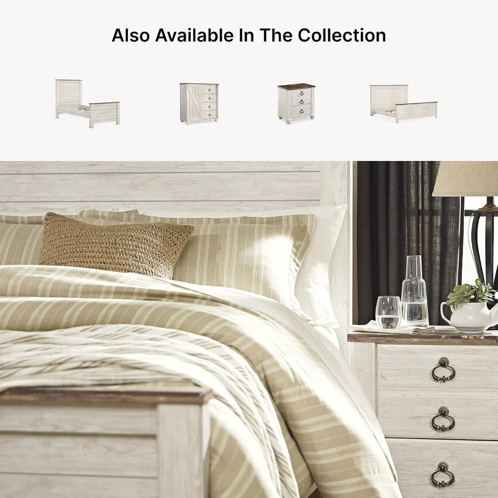 Signature Design by Ashley Willowton Queen Panel Bed Frame, Whitewash | Charming coastal shabby-chic aesthetic, Durable engineered wood construction, Complete headboard footboard and rails