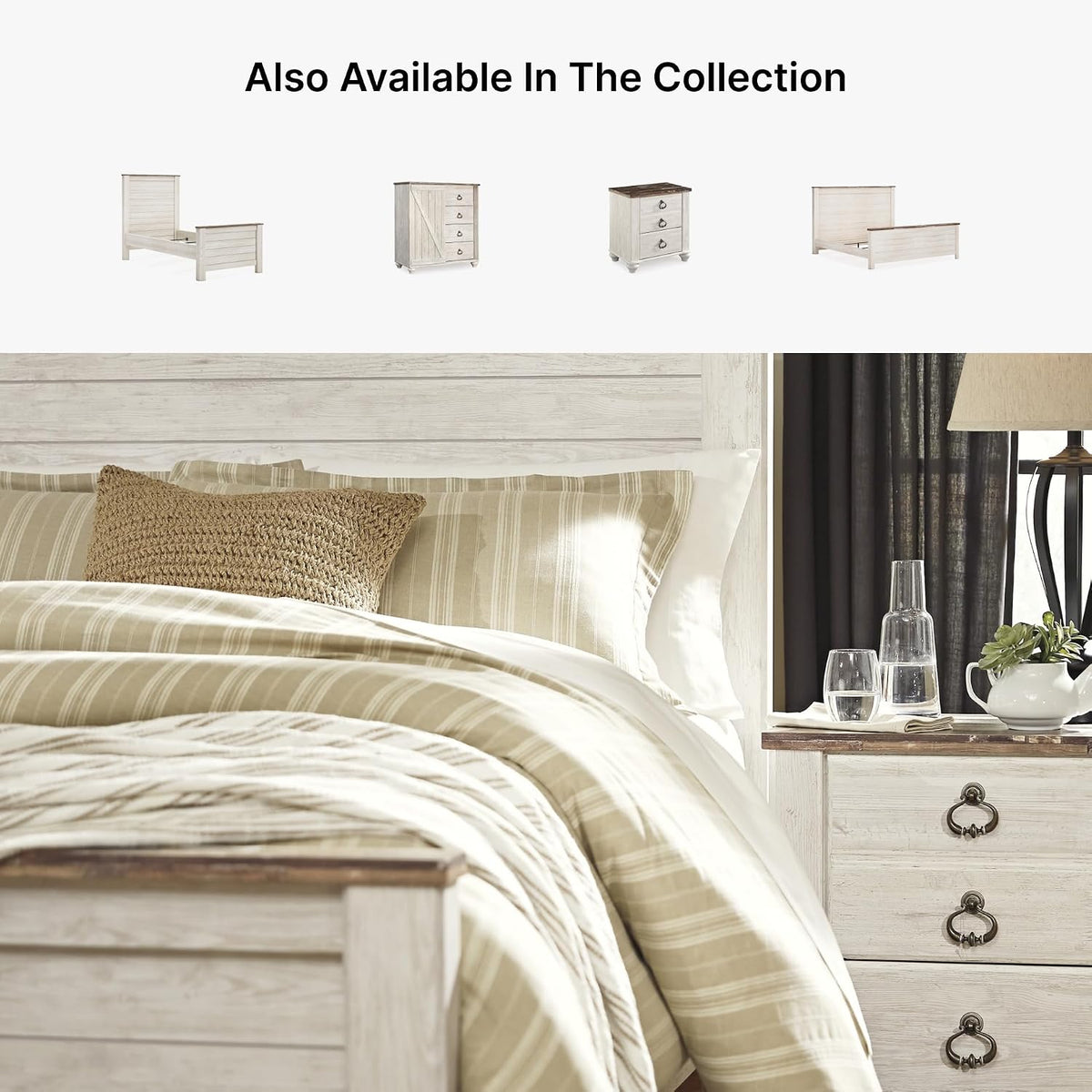 Signature Design by Ashley Willowton Queen Panel Bed Frame, Whitewash | Charming coastal shabby-chic aesthetic, Durable engineered wood construction, Complete headboard footboard and rails