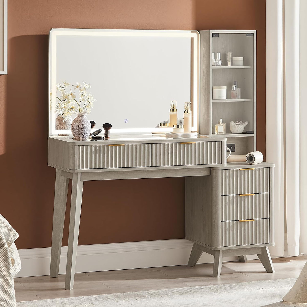 T4TREAM 48" Fluted Makeup Vanity Desk with 36" Lighted Mirror, Oak