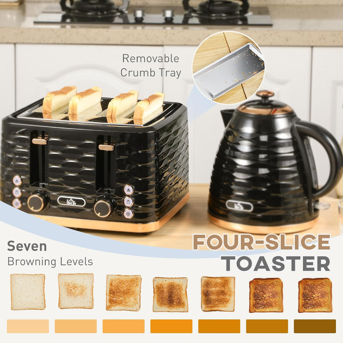 HOMCOM Kettle and Toaster Sets 3000W 1.7L Kettle & 4 Slice Toaster Black