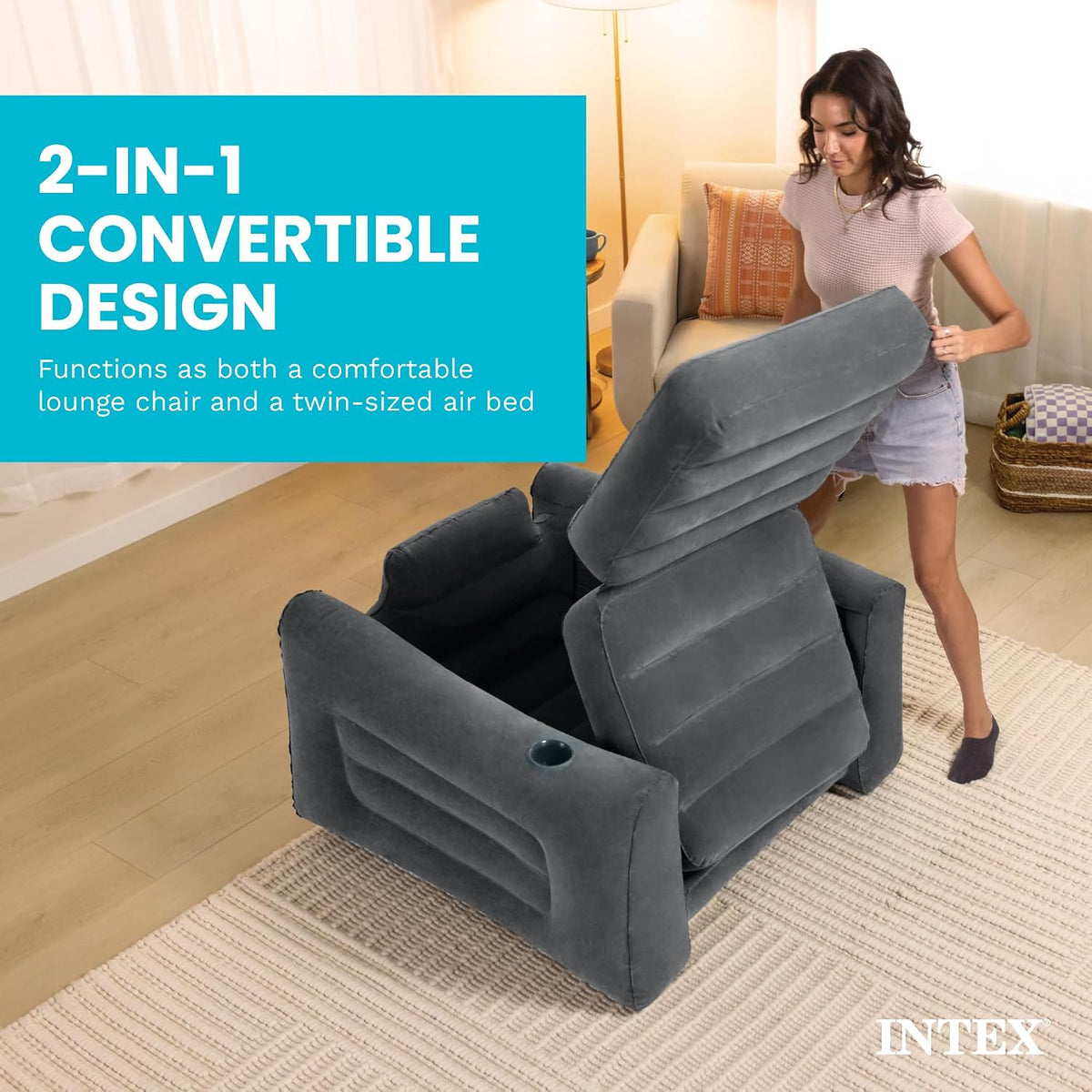 Intex 66551EP Inflatable Pull-Out Chair: Built-in Cupholder – Velvety Surface – 2-in-1 Valve – Folds Compactly – 80" x 91" x 26"