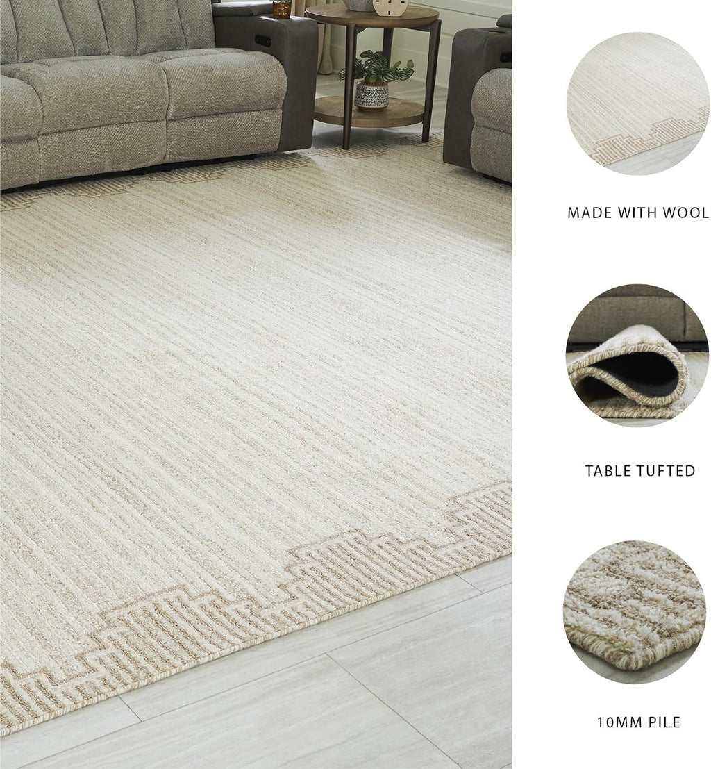 Signature Design by Ashley Wool Area Rug, Extra Large 10x14, Brown/Beige | 100% natural wool tufted construction, Modern stepped border in brown and beige, Oversized footprint, Emorymore Series