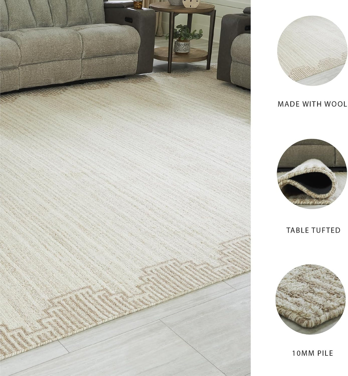 Signature Design by Ashley Wool Area Rug, Extra Large 10x14, Brown/Beige | 100% natural wool tufted construction, Modern stepped border in brown and beige, Oversized footprint, Emorymore Series