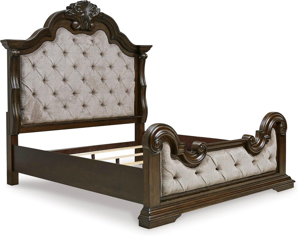 Signature Design by Ashley Maylee King Size Bed Frame and Headboard, Brown | Traditional panel bed, High 83-inch headboard, Brown button-tufted upholstery, Master bedroom statement piece