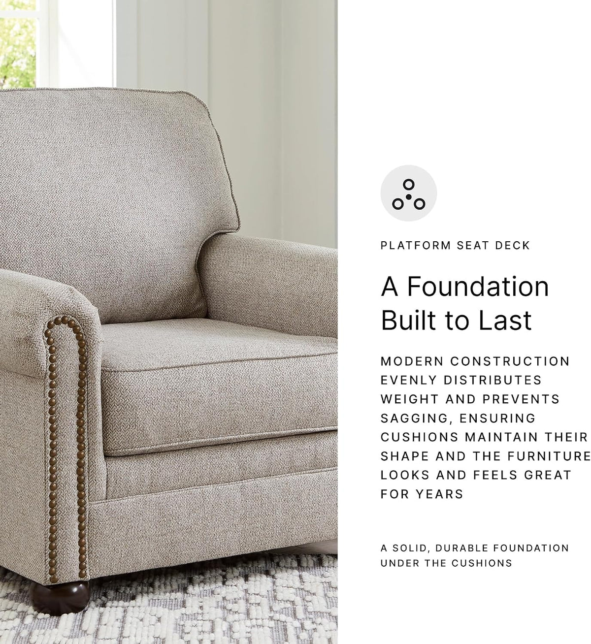 Signature Design by Ashley Gaelon Accent Chair, Dune Beige Chenille Fabric | Soft textured herringbone pattern, Sag-resistant platform foundation for even support, Traditional nailhead trim