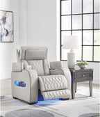 Signature Design by Ashley Boyington Zero Gravity Power Recliner, Gray | Leather match upholstery, Built-in air massage, Heated seat, Adjustable headrest, Dual cup holders, Home theater design