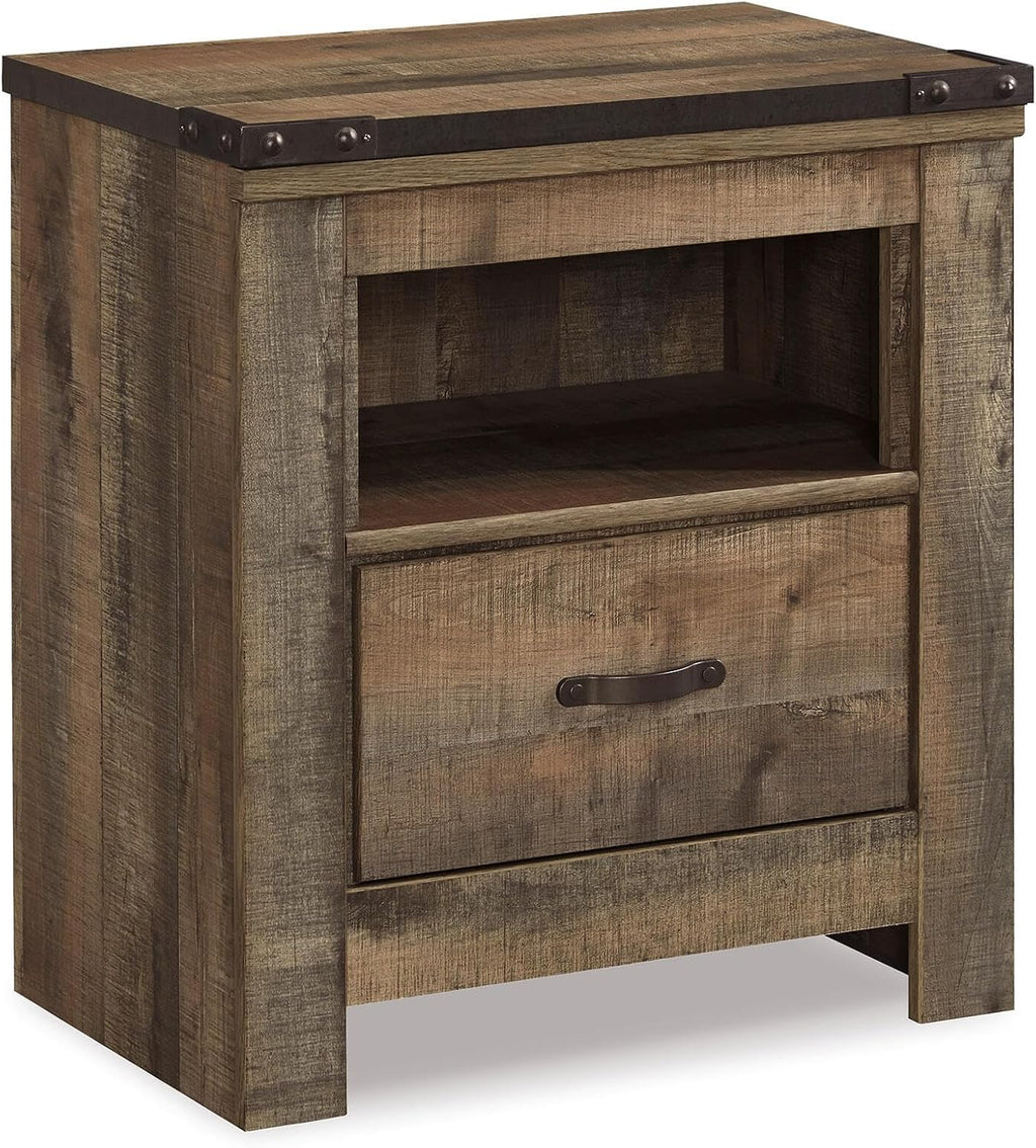 Signature Design by Ashley Trinell Nightstand with Charging Station | Dual USB ports, Engineered wood construction, Open storage cubby, Smooth-operating drawer, Antiqued bronze-tone hardware
