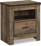 Signature Design by Ashley Trinell Nightstand with Charging Station | Dual USB ports, Engineered wood construction, Open storage cubby, Smooth-operating drawer, Antiqued bronze-tone hardware