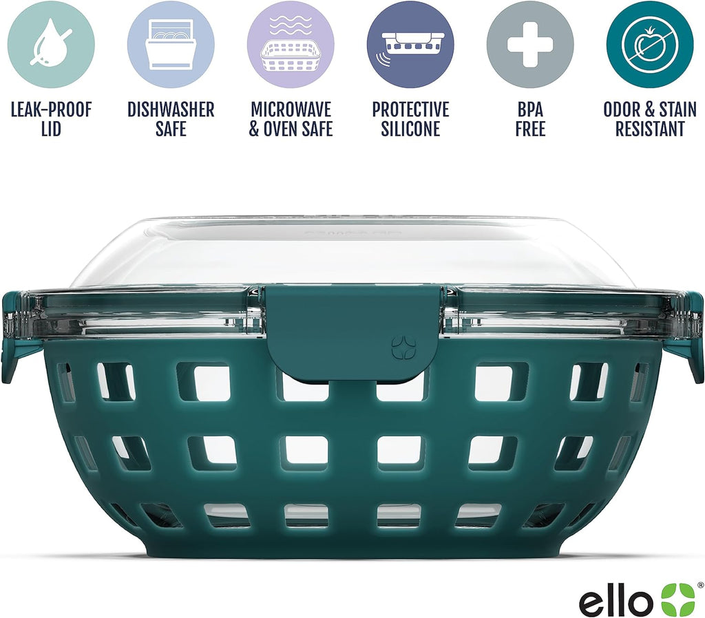 Ello DuraGlass Food Storage Glass Lunch Bowl Container - Meal Prep Container with Silicone Sleeve and Airtight Lid, 5 Cup, Teal