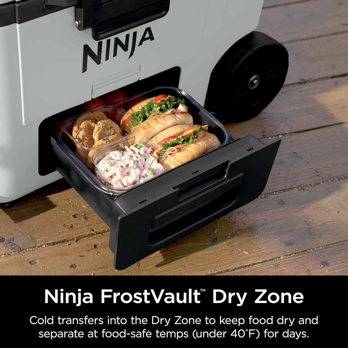 Ninja FrostVault™ 45qt Cooler with Wheels, Dry Storage Drawer, White | Ninja FrostVault's 45-qt capacity holds 68 cans, keeps food cool & dry, and rolls easily on all-terrain wheels