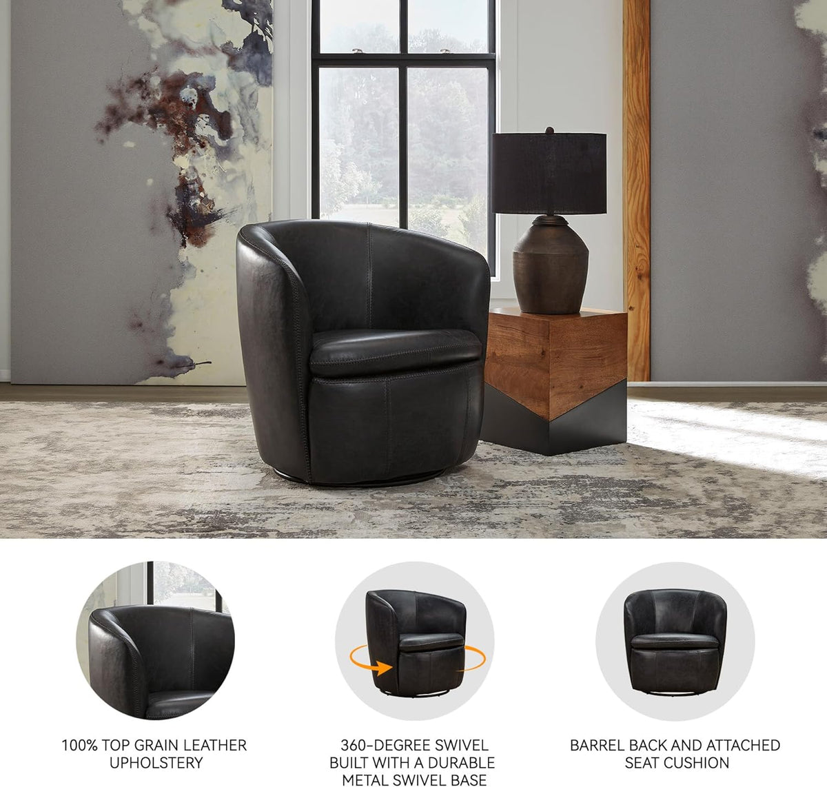 Signature Design by Ashley Leather Swivel Accent Chair, Midnight | 100% top grain leather, Swivel barrel chair, No assembly required, Sloped arms, Sturdy metal frame, Kierreys Series