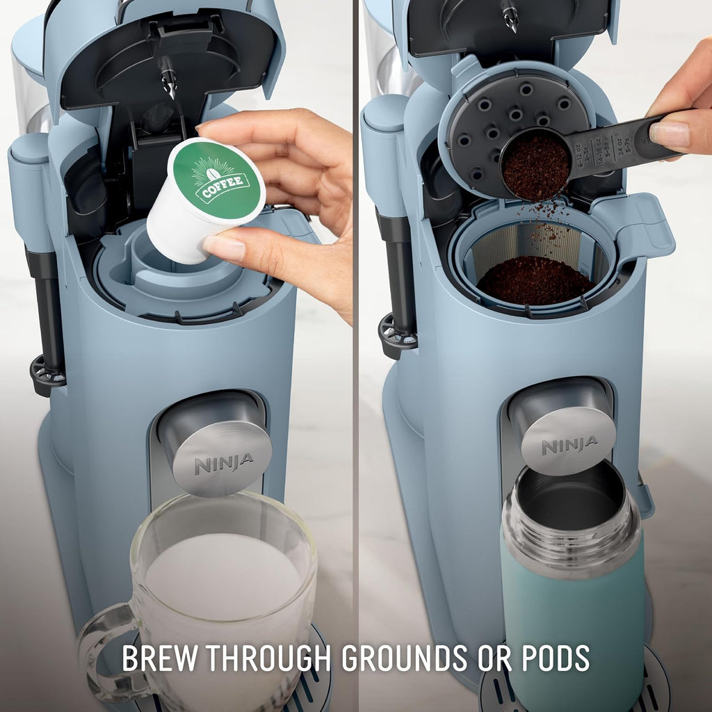Ninja Pod & Grounds XL Coffee Maker, K-Cup Compatible, Denim Blue, PB055ABL | Brews Grounds, Compact Design, Built-In Milk Frother, 68-oz. Reservoir, 6oz. Cup-24oz. Mug Sizes