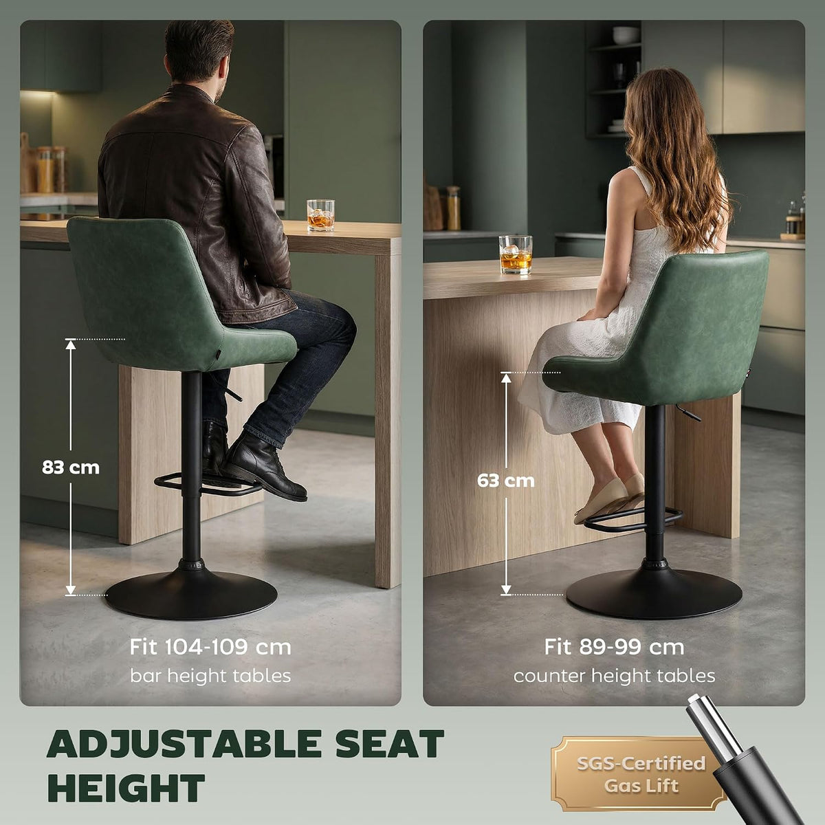 HOMCOM Bar Stools Set of 2 w/ 51x40 cm Wide Seat, Large Base, Green